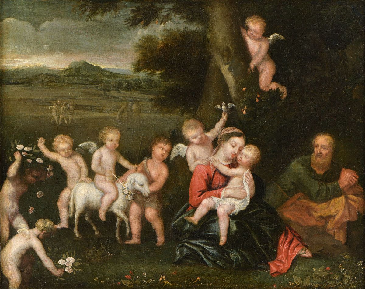Flämische Schule 17 世纪弗拉芒画派。
神圣家庭与天使》。布面油画，48 x 60 厘米。