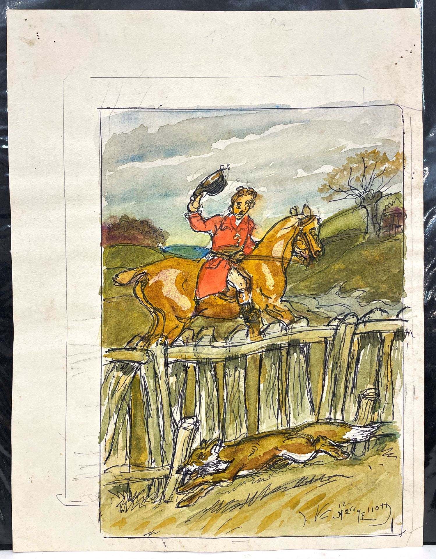 Null Harry ELIOTT (1882-1959) « chasse à courre au renard » dessin aquarellé sig&hellip;