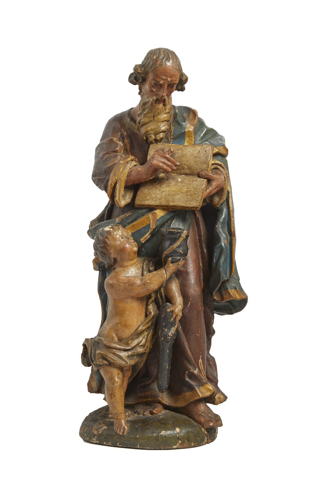 Null 256-Sculpture en bois polychrome figurant un saint personnage; un enfant à &hellip;
