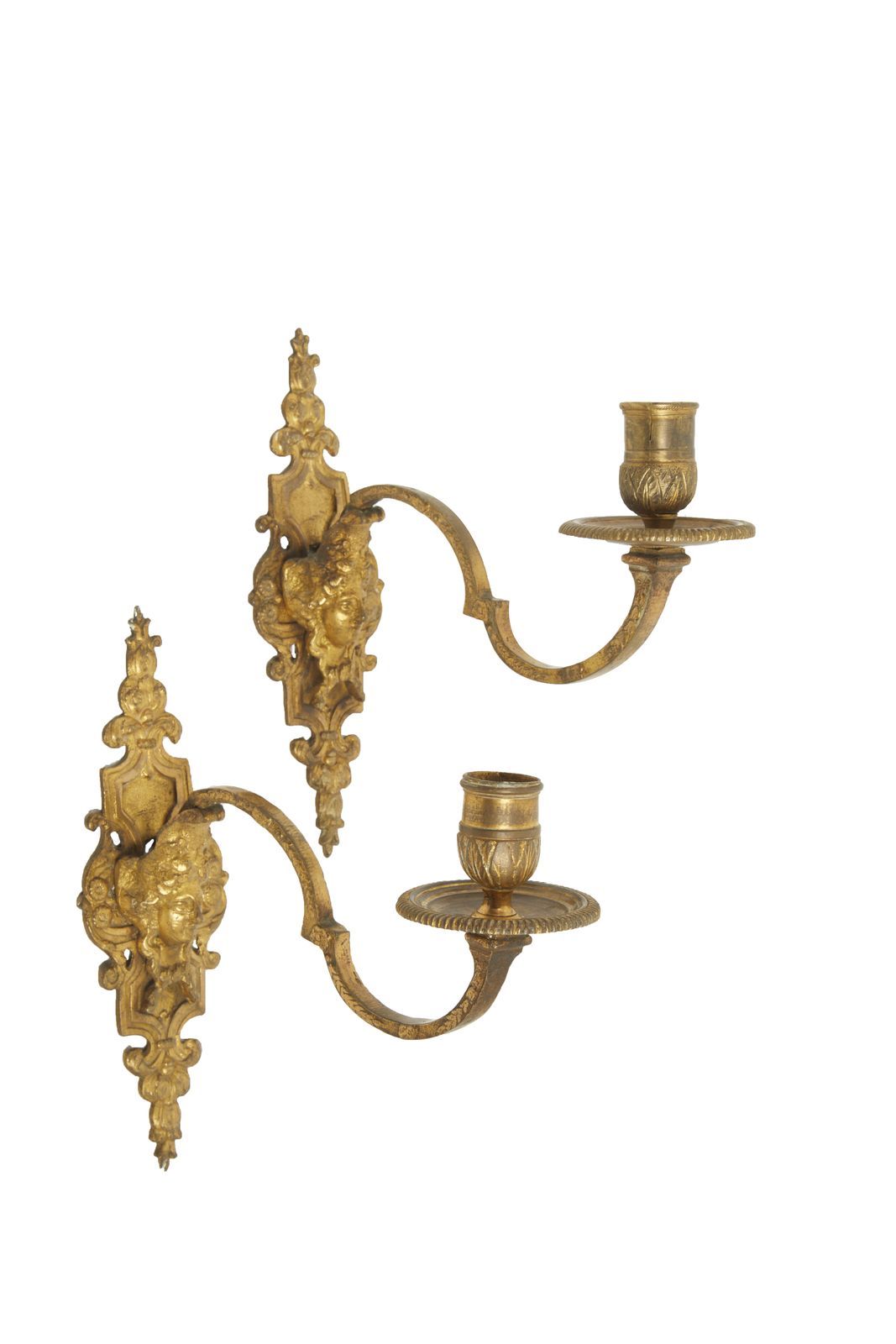 Null 110-Paar Wandleuchten aus ziselierter und vergoldeter Bronze mit Maskaron-D&hellip;