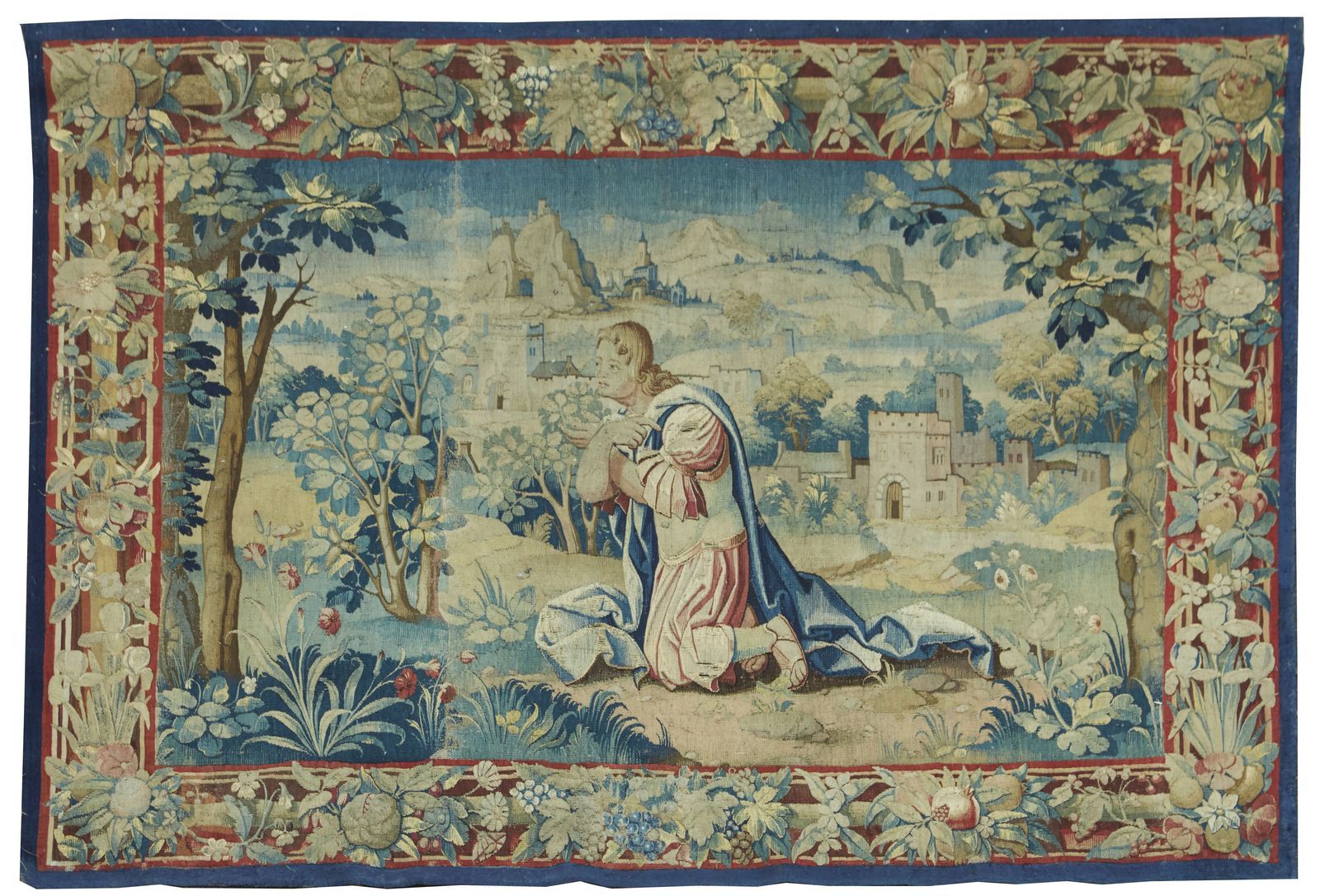 Null 484-Tapisserie en laine polychrome figurant le Christ au jardin des olivier&hellip;