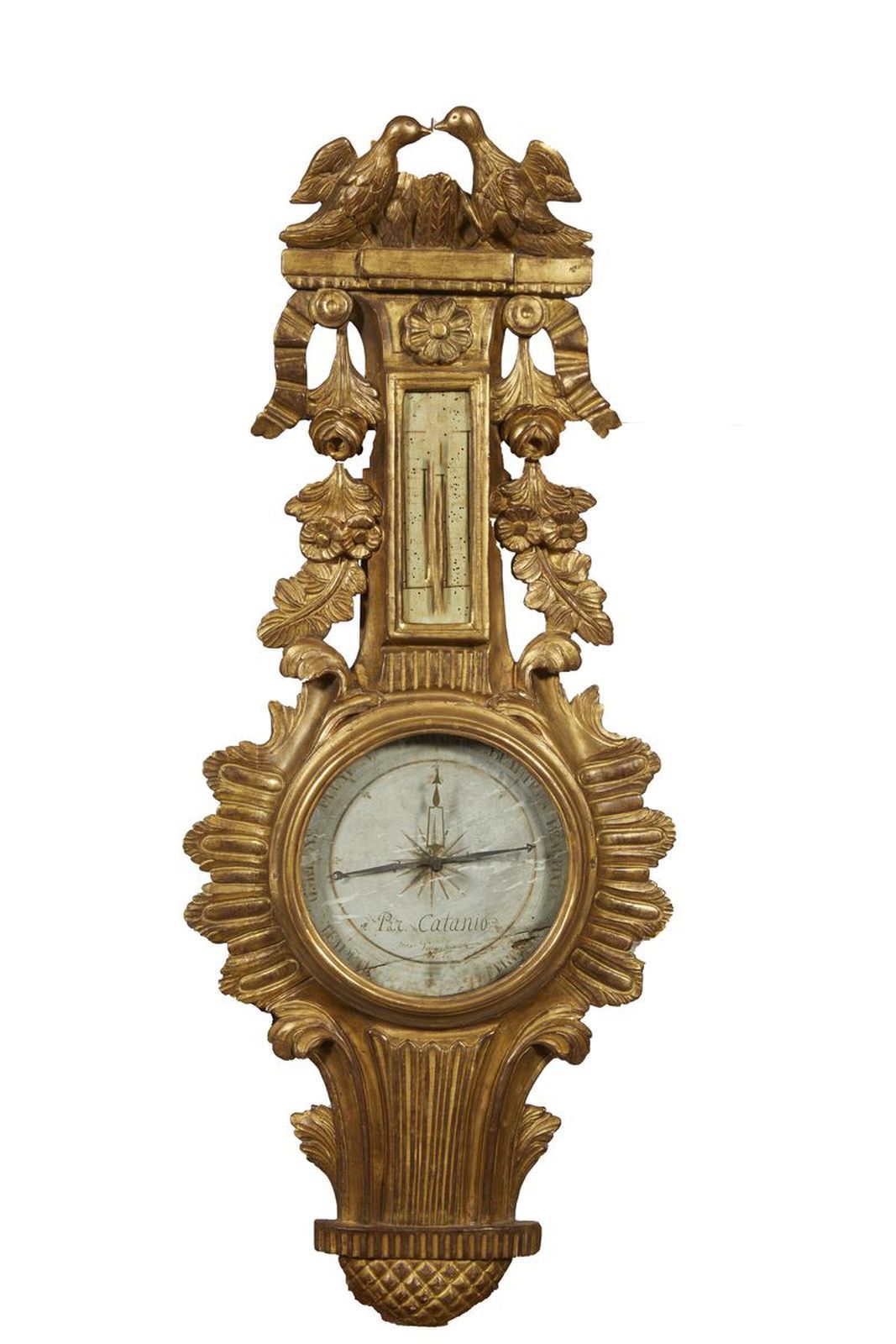Null 112-Barometer in carved and gilded wood decorated with flowers, foliage and&hellip;