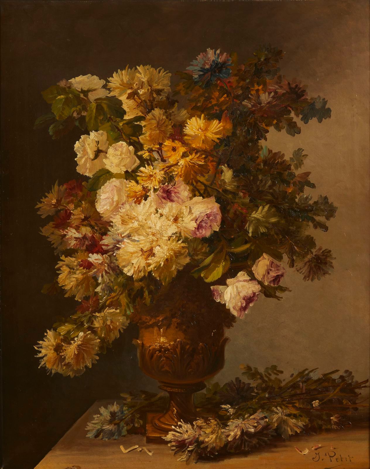 Null 316 J. PETIT，活跃于19世纪

一对带花束的静物画，可以形成一个吊坠

布面油画，底部有签名

93x73厘米

重要的粉刷和镀金的木框