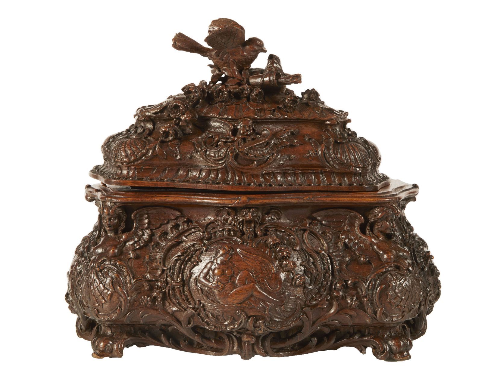 Null 163 Important covered box of movement in walnut carved with mythological sc&hellip;