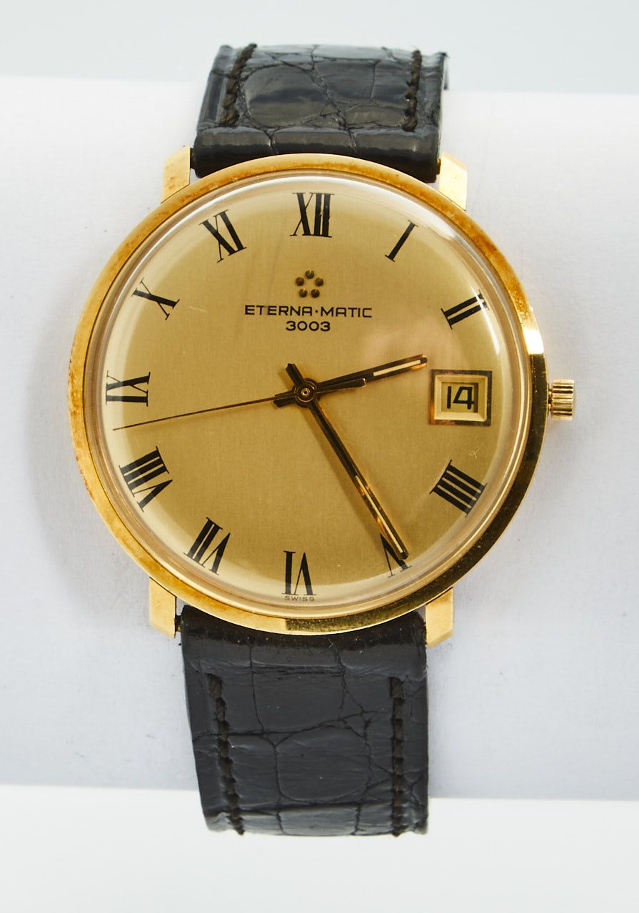 Null 246 ETERNAMATIC 3003: date, gold case, original leather strap, gold plated &hellip;