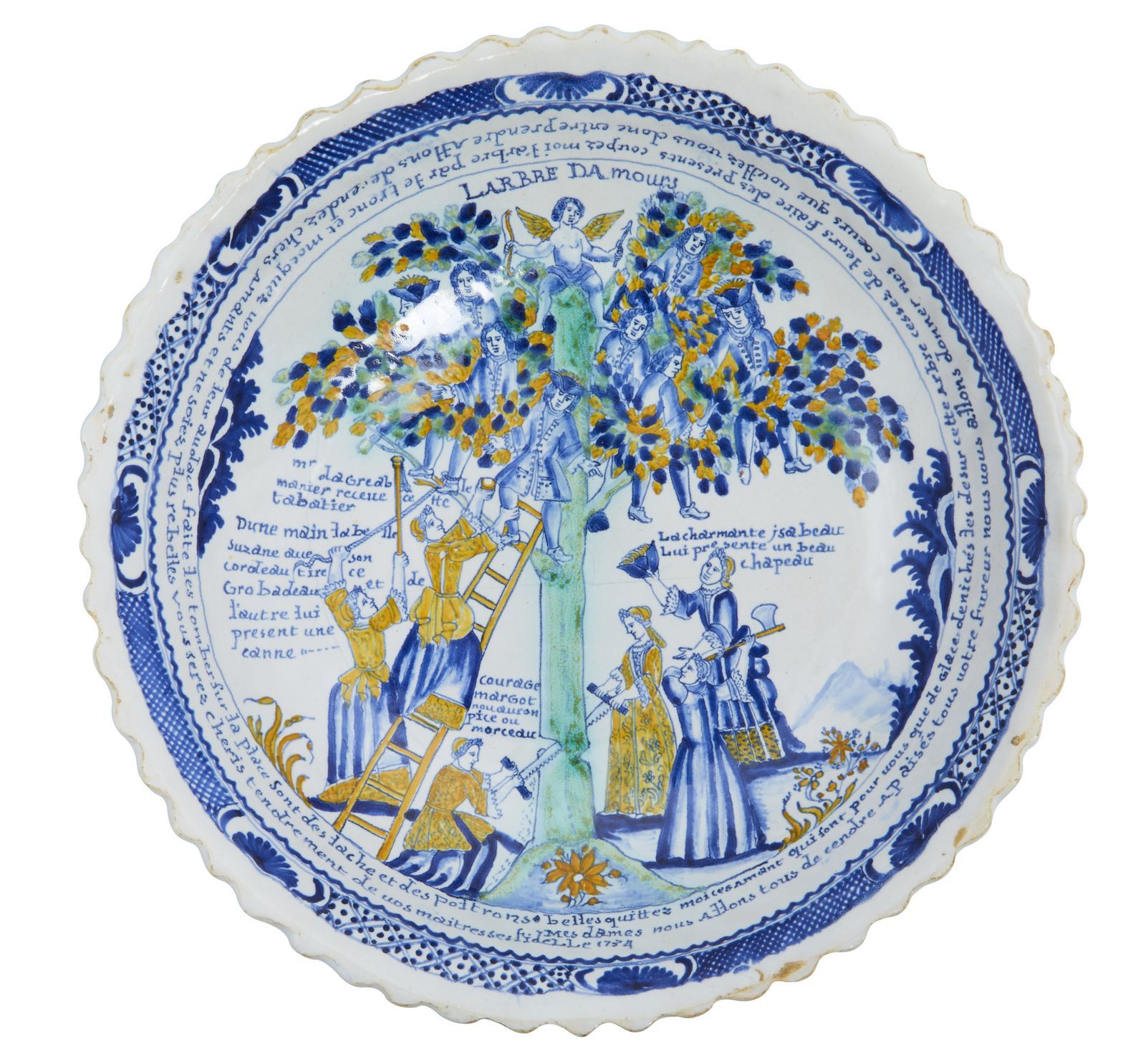 Null 46-NEVERS: 美丽的多色锡釉陶器大碗，有 "爱情树 "装饰。六位美丽的女士穿着最漂亮的衣服，试图赶走栖息在树上的一些先生。有什么办法能比砍掉这&hellip;