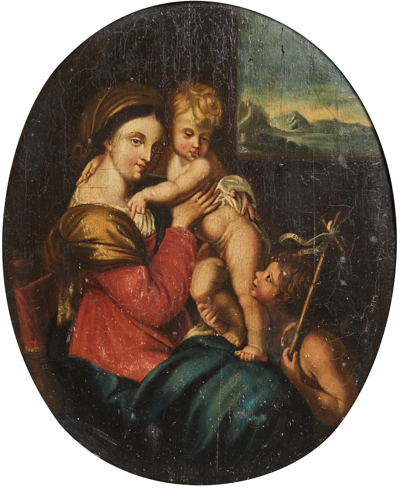 Null 318 十七世纪的学校
圣母子与施洗者圣约翰。
椭圆形视图的板上油画 
(旧的加固和修复)
41 x 33厘米
路易十三时期的镀金木框