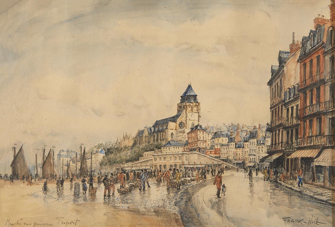 Null 373 弗兰克-威尔(1900-1951)
鱼市，Le Tréport。 
纸上水彩和粉笔画，右下角有签名 
视线：37x54厘米