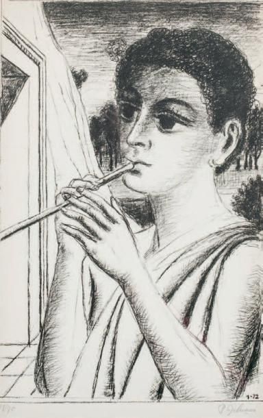 Paul DELVAUX (1897-1994) Le joueur de flûte, 1972 Lithographie en noir. Signée e&hellip;