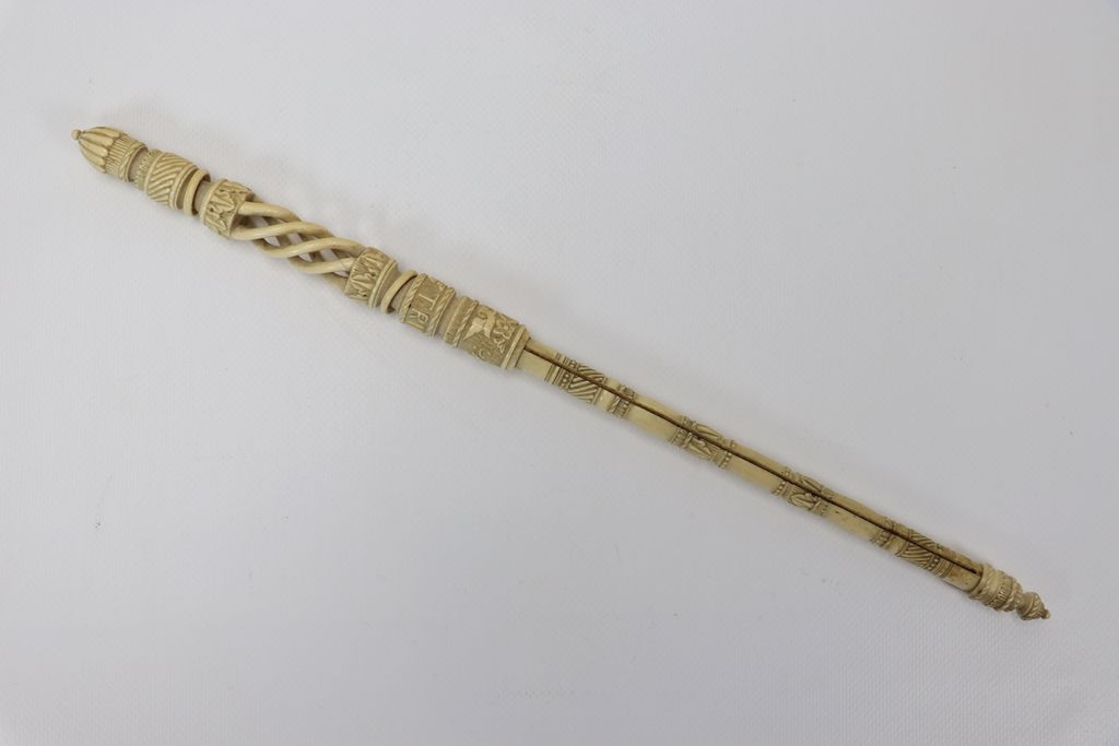 Null Ivory handle for manuscript, carved with friezes of plants, beads and obliq&hellip;