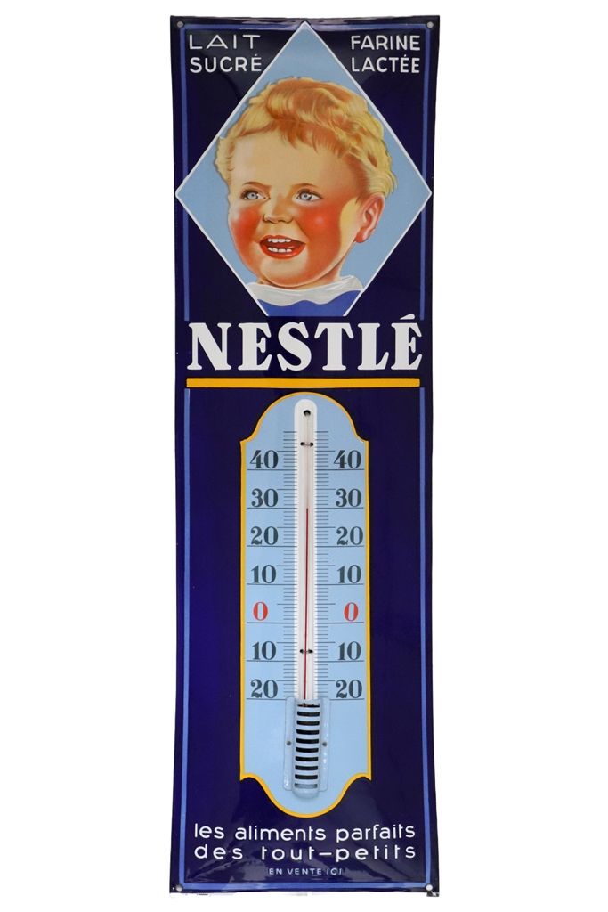 Nestlé NESTLE。圆顶珐琅板形成一个温度计，上部显示一个孩子的脸。在比利时印刷。状况非常好。尺寸：115 x 33 cm