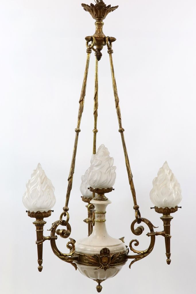 GRAND LUSTRE EN BRONZE ET MARBRE Large bronze and marble chandelier with a centr&hellip;