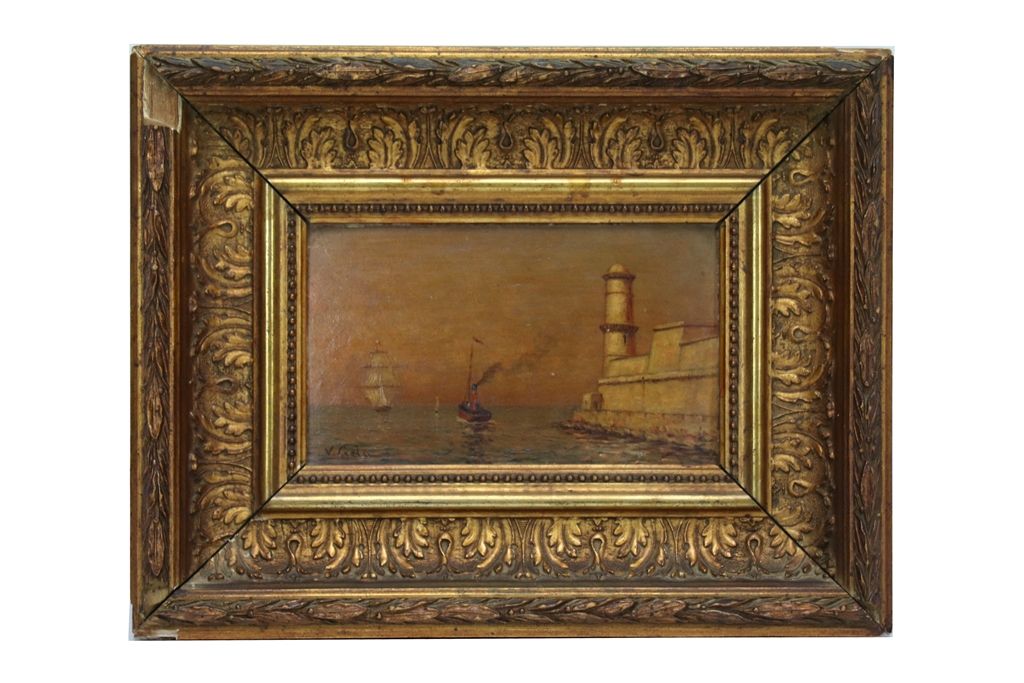 VICTOR LUC GELU (1848-1922) 维克多-吕克-格卢（1848-1922）。马赛的圣-让堡垒景观。纸板油画，左下角有签名。尺寸：10.4x&hellip;