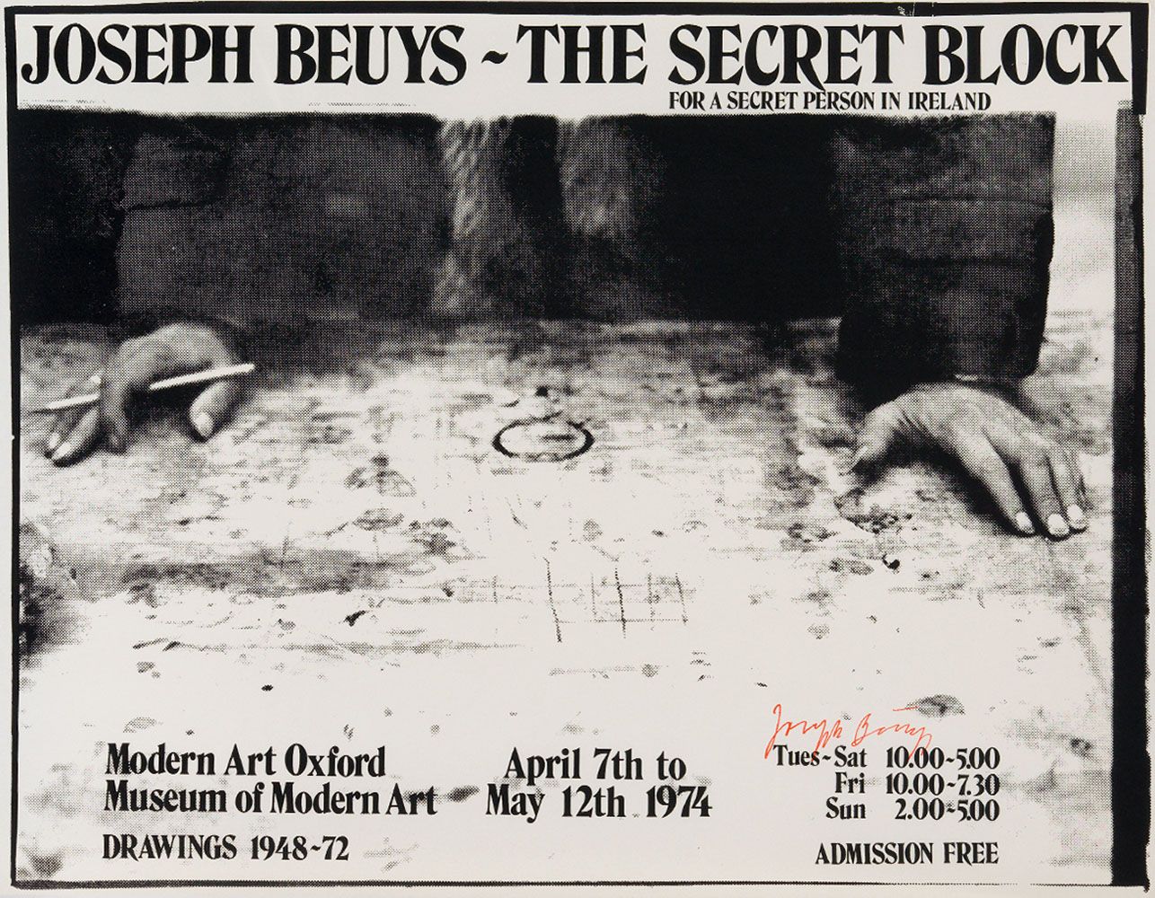 Beuys, Joseph Beuys, Joseph(1921-1986).爱尔兰的一个秘密人的秘密街区。海报，牛津现代艺术博物馆，1974年。 红墨水签名。&hellip;