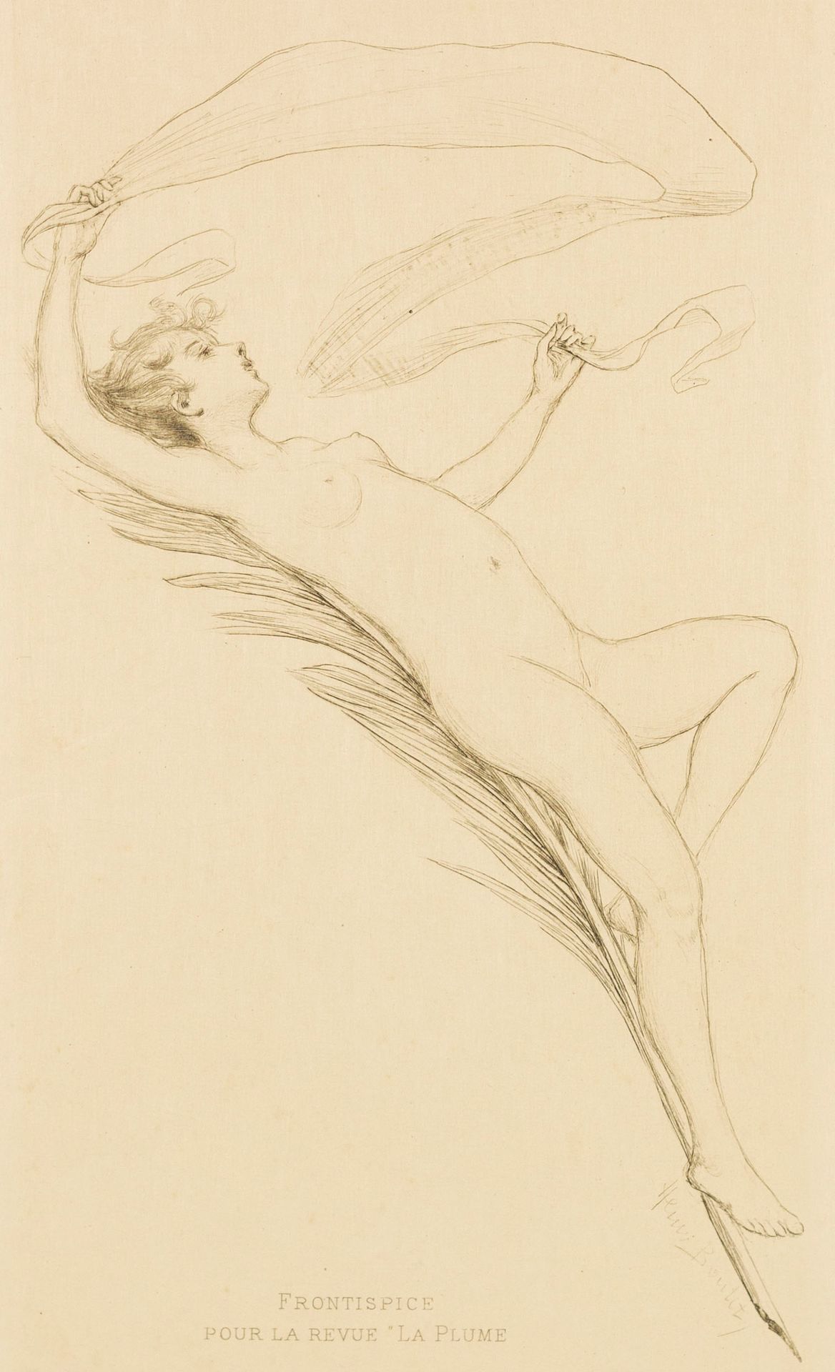 BOUTET, Henri 布特，亨利（1851-1919）。笔上的维纳斯。蚀刻版画，在版上有签名和题词。"La Plume "的封面。20,5:12,5厘米。&hellip;