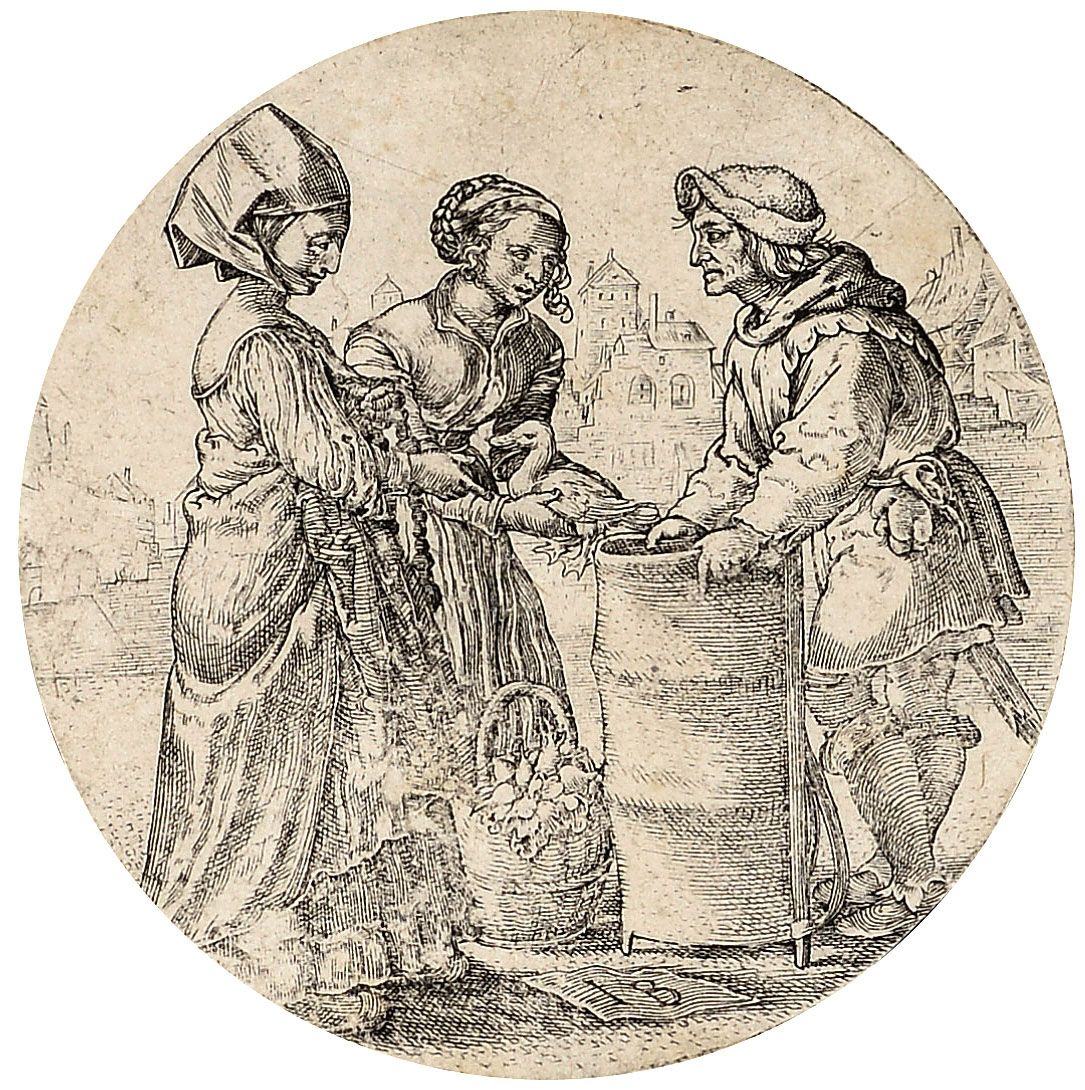 Monogrammisten. – Meister I B 单词家。-大师I B（指乔治-彭茨，1500-1550）。市场上的农夫把一只鸭子卖给了带着女仆的女士&hellip;