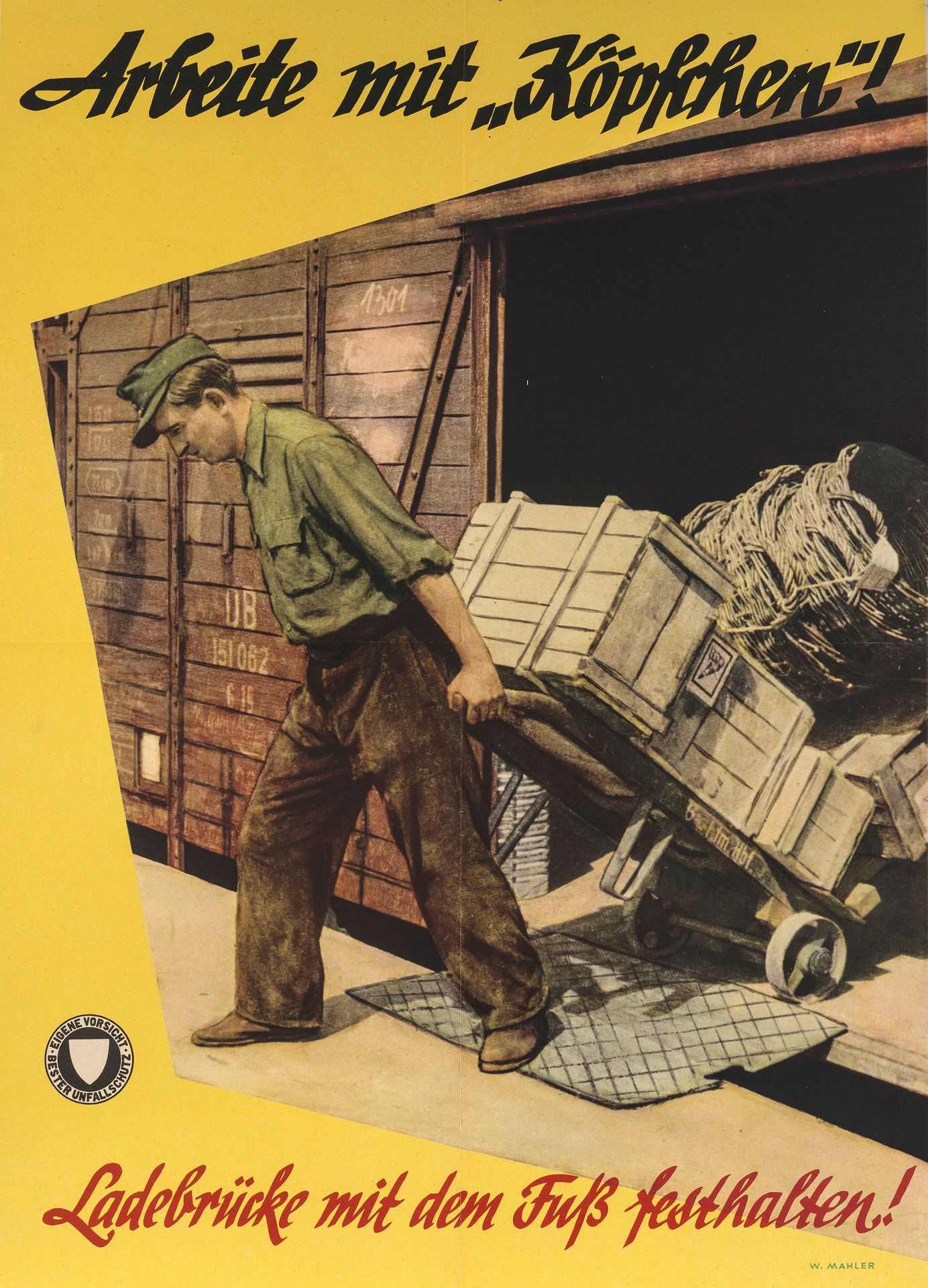 Mahler, Wilhelm. 马勒，威尔海姆。德国联邦铁路公司，事故预防图片。5张海报，约1955年，已签名印刷。约59:42厘米。
折叠的。