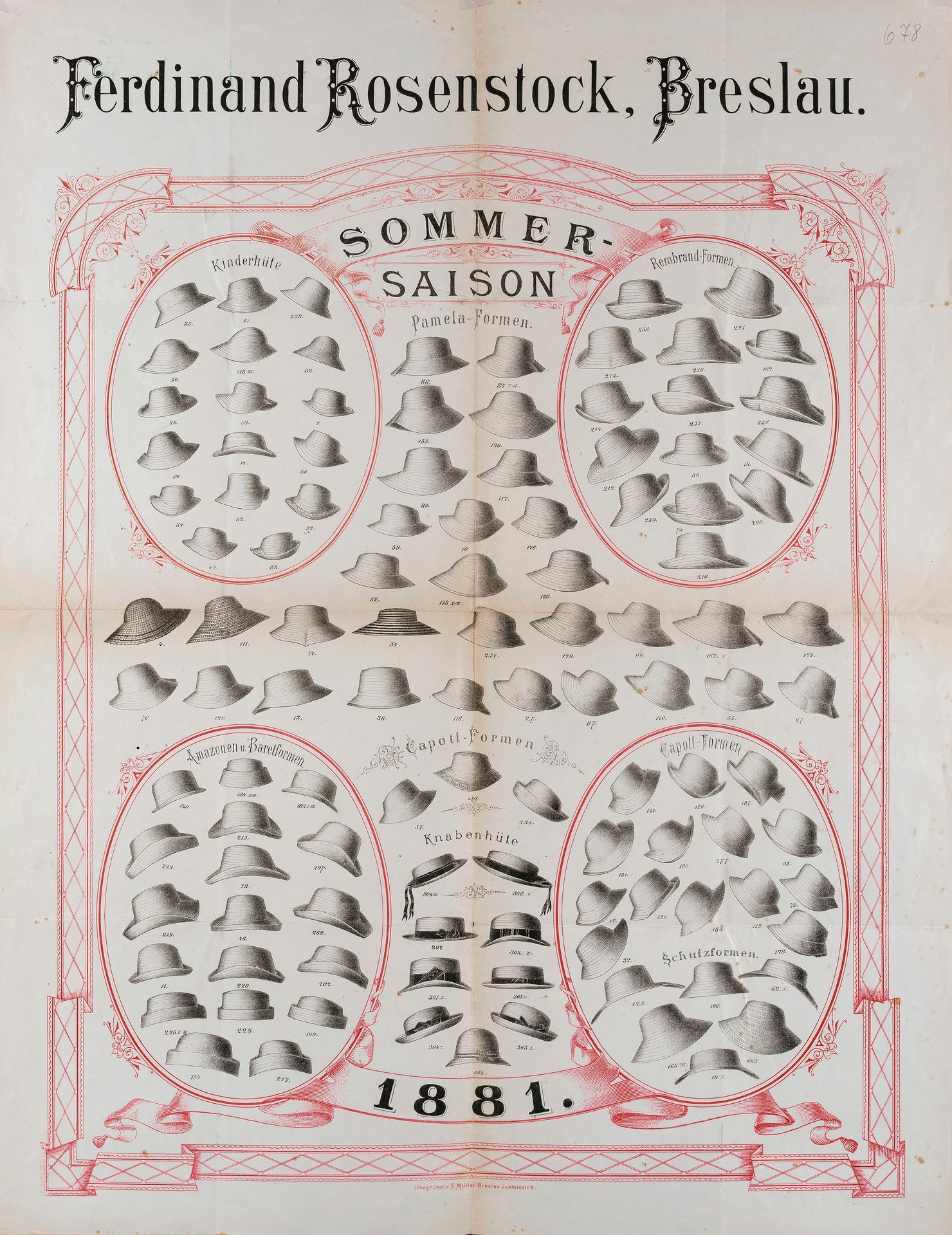 Plakat, Poster, cappelli: Ferdinand Rosenstock, Breslau, 1881, stagione estiva. &hellip;