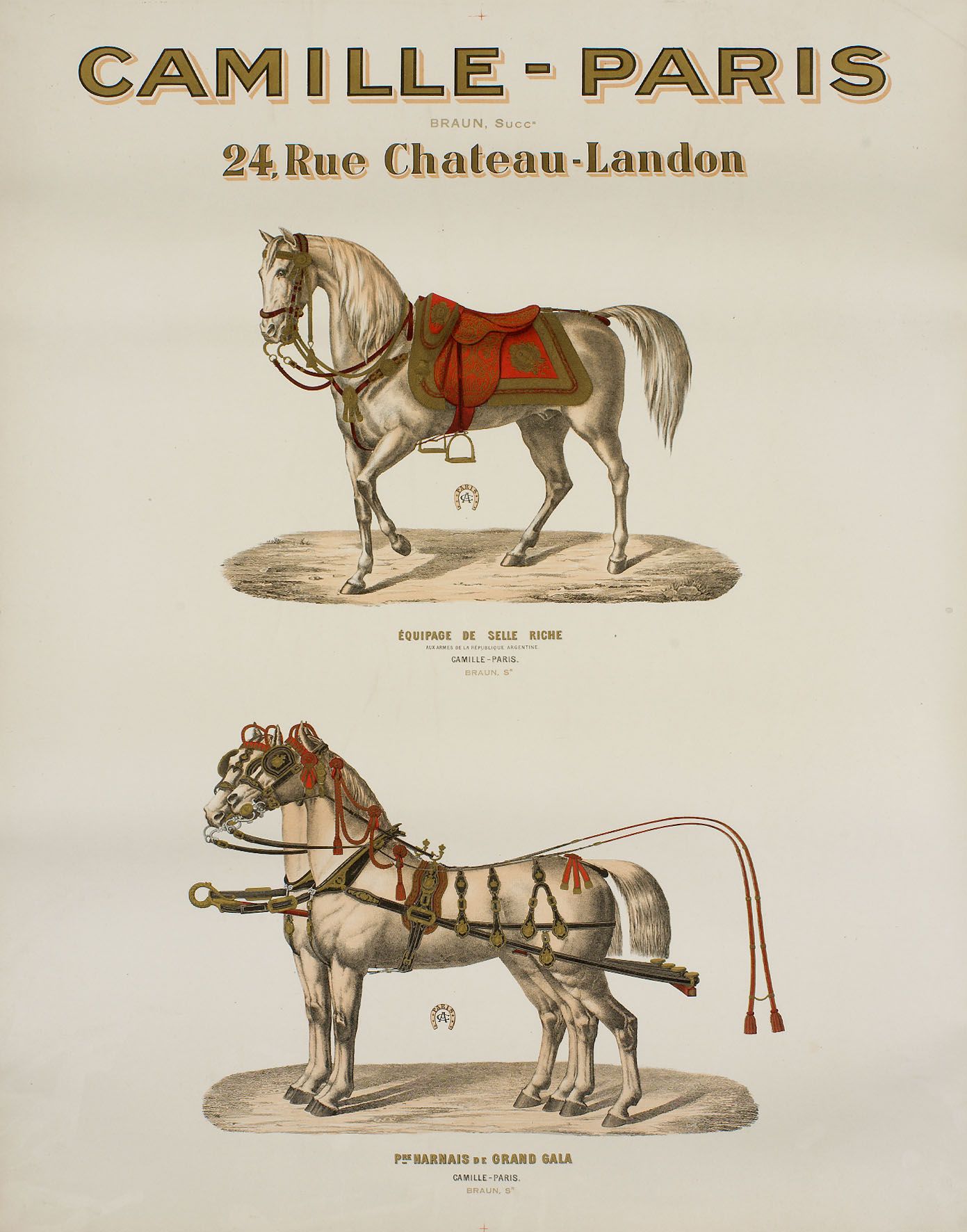 Plakat. – Camille. – Paris. 海报。- 卡米尔。- 巴黎。骑马设备和马具的海报。彩色石版画，约1880年，装在画布上。76:56厘米。
