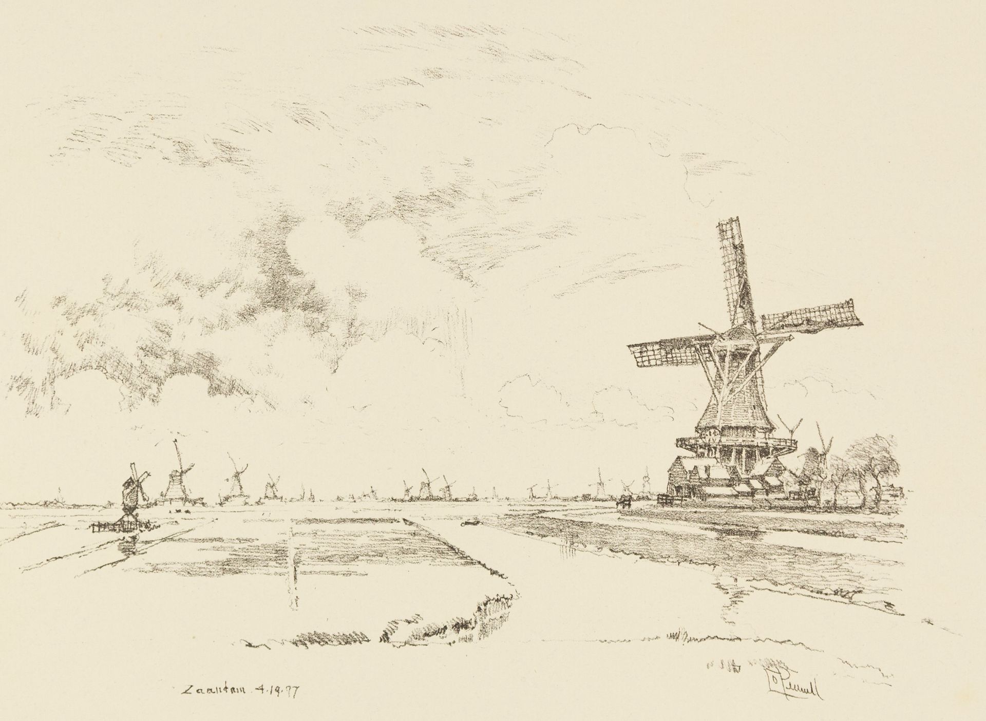 Pennell, Joseph Pennell, Joseph(1857-1926).有磨坊的荷兰风景。石版画，在石头上签名、刻字、日期。Zaandam, (1&hellip;