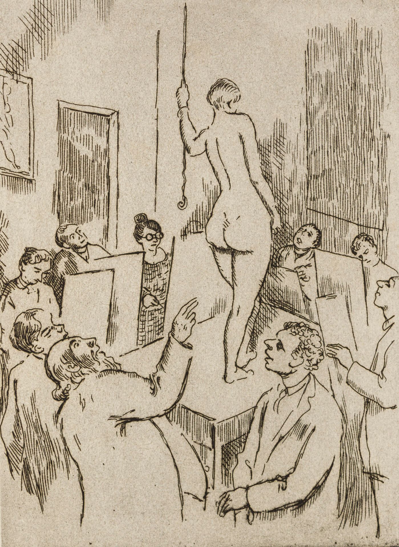 Orlik, Emil 奥利克，埃米尔（1870-1932）。绘画学校，画裸体。蚀刻画，铜版画。纸张大小为33.3:23厘米。