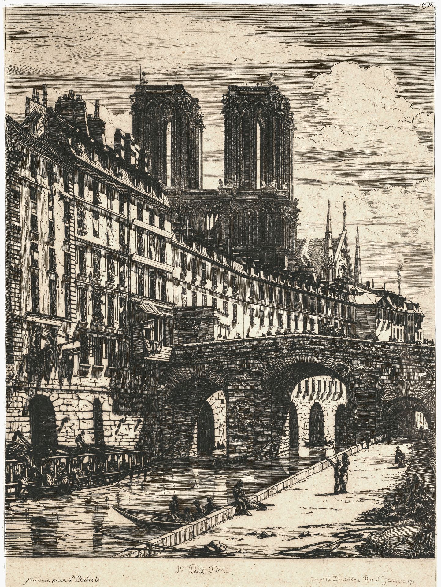 MERYON, CHARLES 梅里昂，查尔斯（1821-1866）。Le Petit Pont.1850年。蚀刻画，第五状态，用干点法重新制作，中国纸，卷在轻&hellip;
