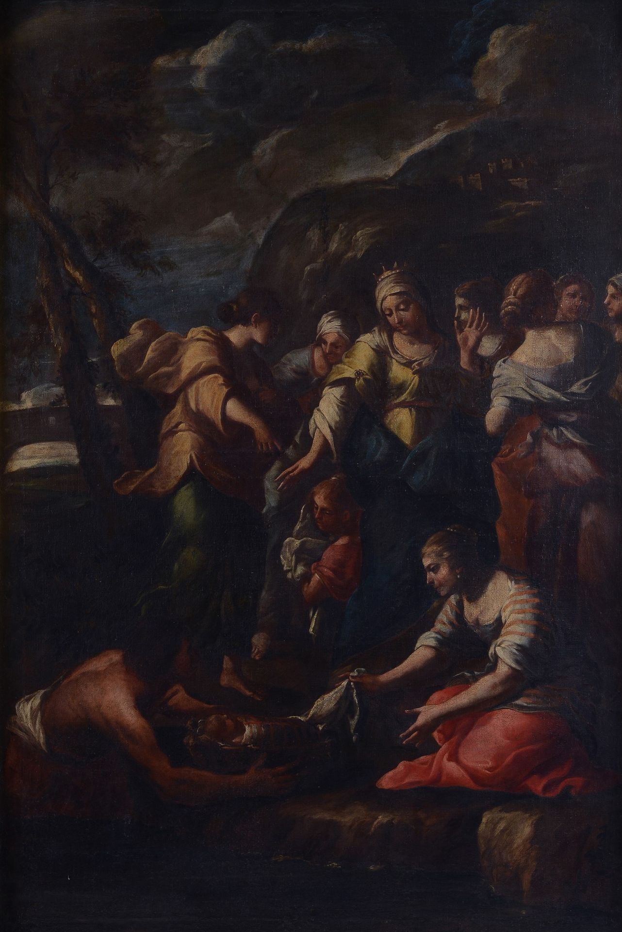 Scuola Napoletana, fine XVII sec. - Il ritrovamento di Mosè Huile sur toile, 147&hellip;