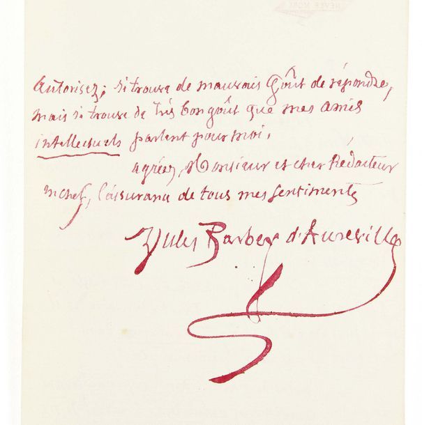 BARBEY D'AUREVILLY, Jules.1808-1889. 
Lettre autographe signée [à Edmond Tarbé]
&hellip;