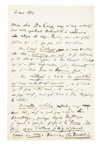 BAUDELAIRE, Charles (1821-1867) 
Lettre autographe signée à Maxime Du Camp
S.L.,&hellip;