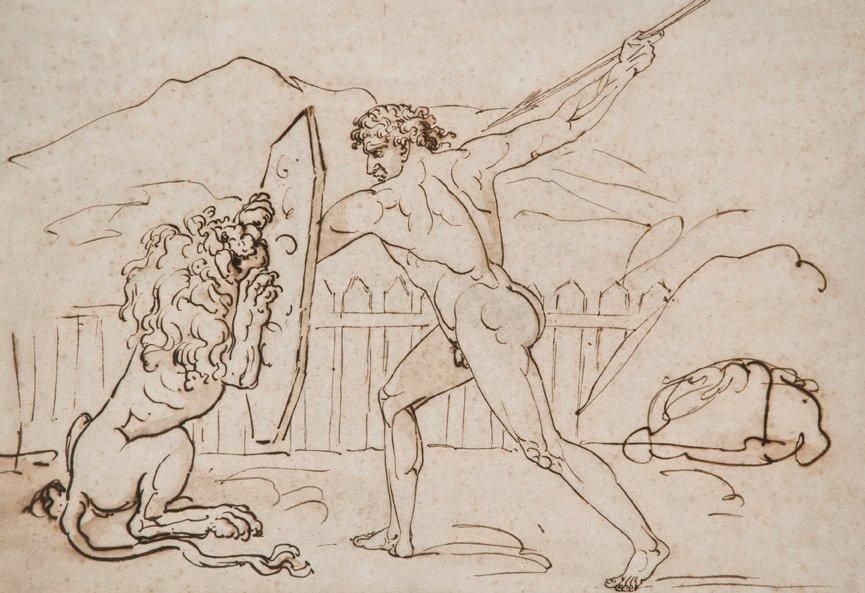 ÉCOLE NÉOCLASSIQUE ITALIENNE Guerrier combattant un lion Plume et encre brune 33&hellip;