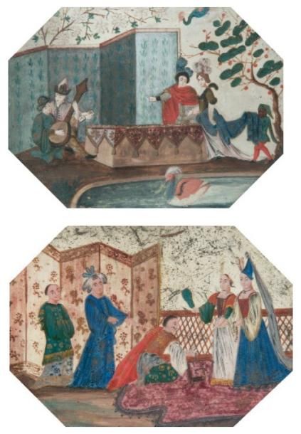 ÉCOLE FRANÇAISE VERS 1700 Scènes turques Deux gouaches sur velins de forme octog&hellip;