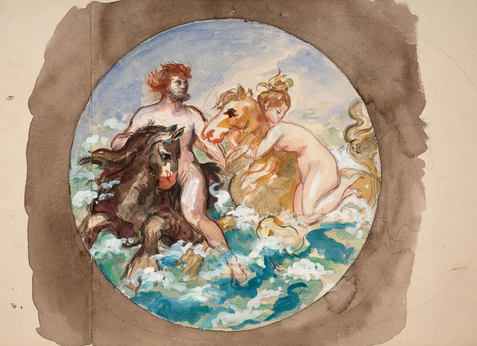 Null 费利克斯-布拉克蒙（1833 年，巴黎 - 1914 年，塞夫勒）


海马上的情侣，版画项目

铅笔线条上的水彩水粉画


无画框





海马上&hellip;