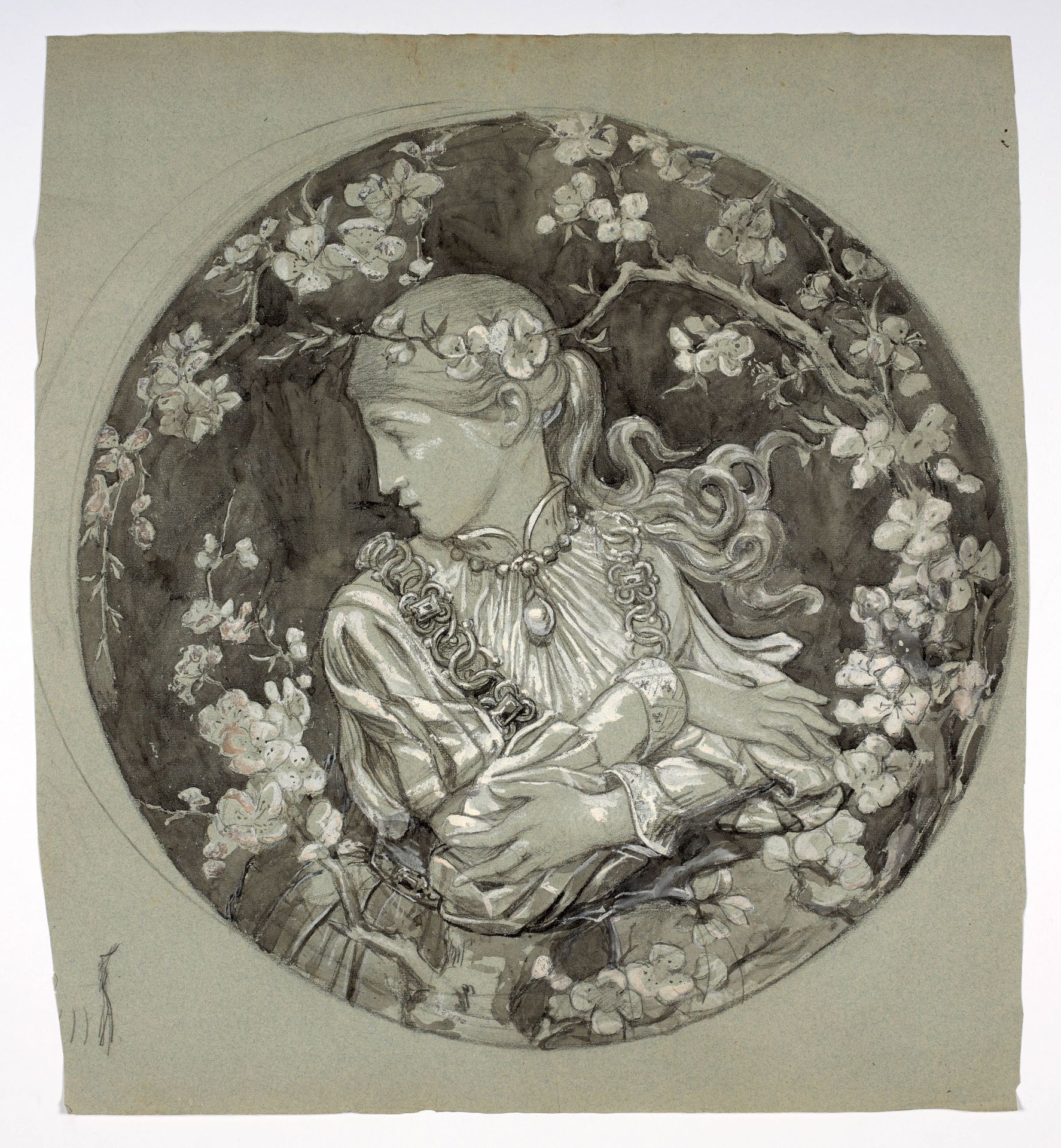 Null 玛丽-布拉克蒙（1840 年出生于朗顿韦兹，1916 年出生于塞夫勒）


花园中双手交叉的年轻女孩侧面像，菜肴项目

蓝色纸张上的木炭、黑色水洗和白&hellip;