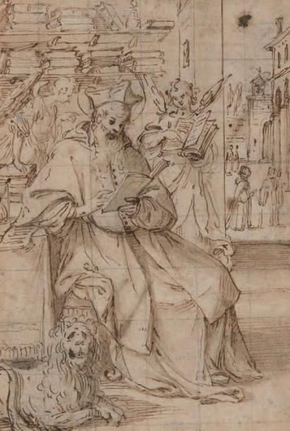 Ecole italienne du XVIIe siècle Saint Jérôme dans son cabinet Plume et encre bru&hellip;
