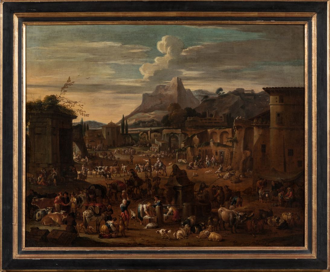 Null Jan Pieter van BREDAEL 

(Anvers 1654 - 1745)

Scène de marché

Toile 	

70&hellip;