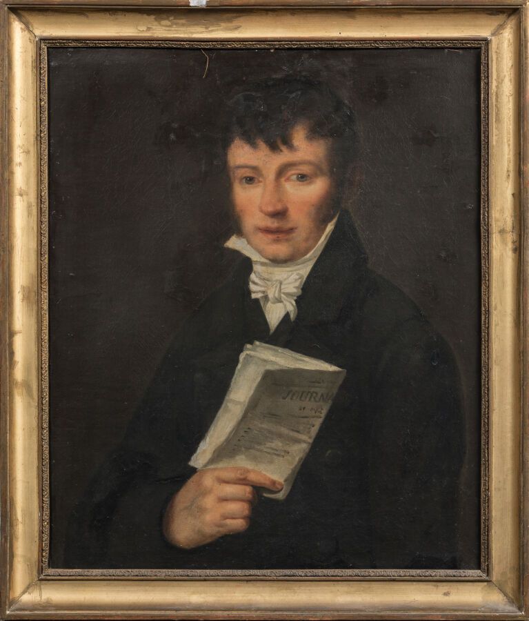 Null ECOLE FRANCAISE vers 1840. "Portrait d'homme au journal". Huile sur toile. &hellip;
