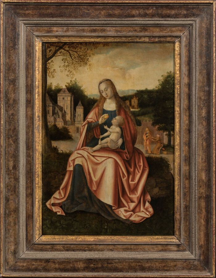Null ECOLE BRUGEOISE, suiveur d'Ysenbrandt (1475/95-1551). Vierge à l'Enfant. Hu&hellip;