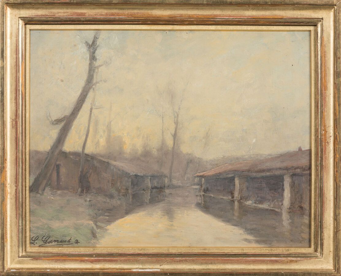 Null Léon GARRAUD (1877-1961). "Lavoirs". Huile sur carton signé en bas à gauche&hellip;