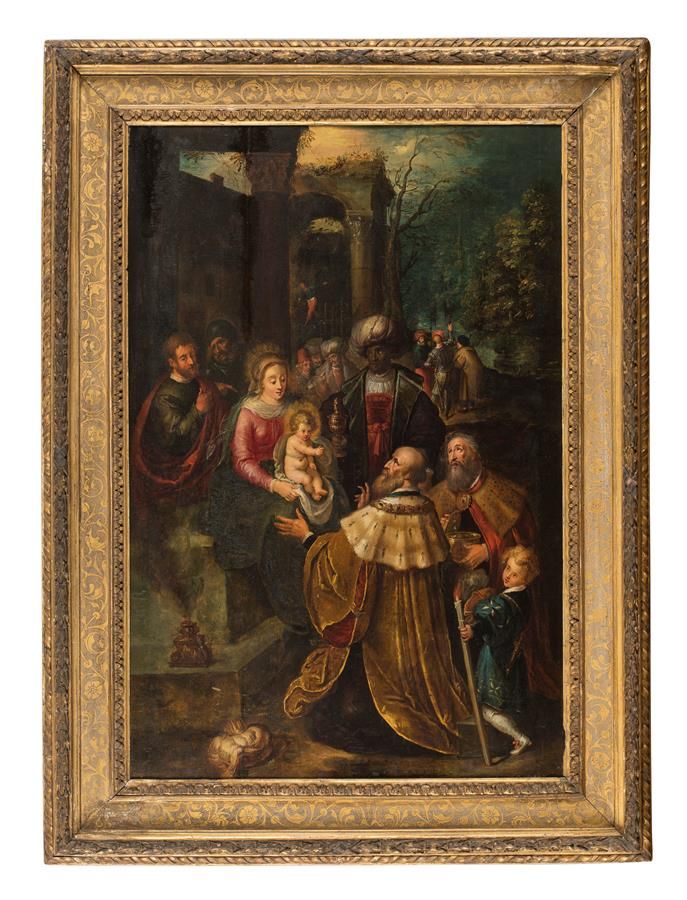 Null Attribué à Frans FRANCKEN Le JEUNE (1581-1642). L'Adoration des Mages. Pann&hellip;