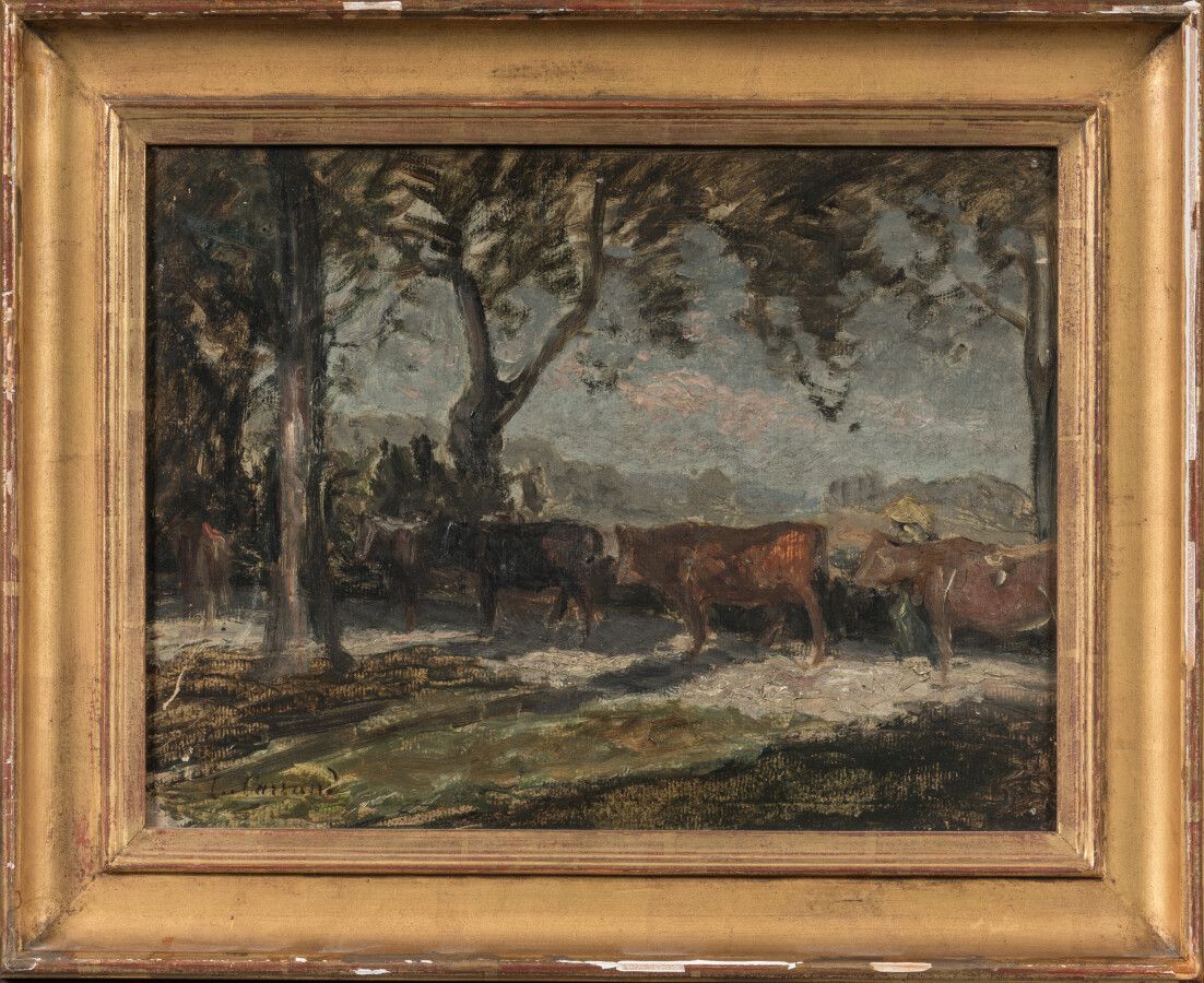 Null Louis Hilaire CARRAND (1821-1899).

Vaches en contre-jour.

Huile sur papie&hellip;