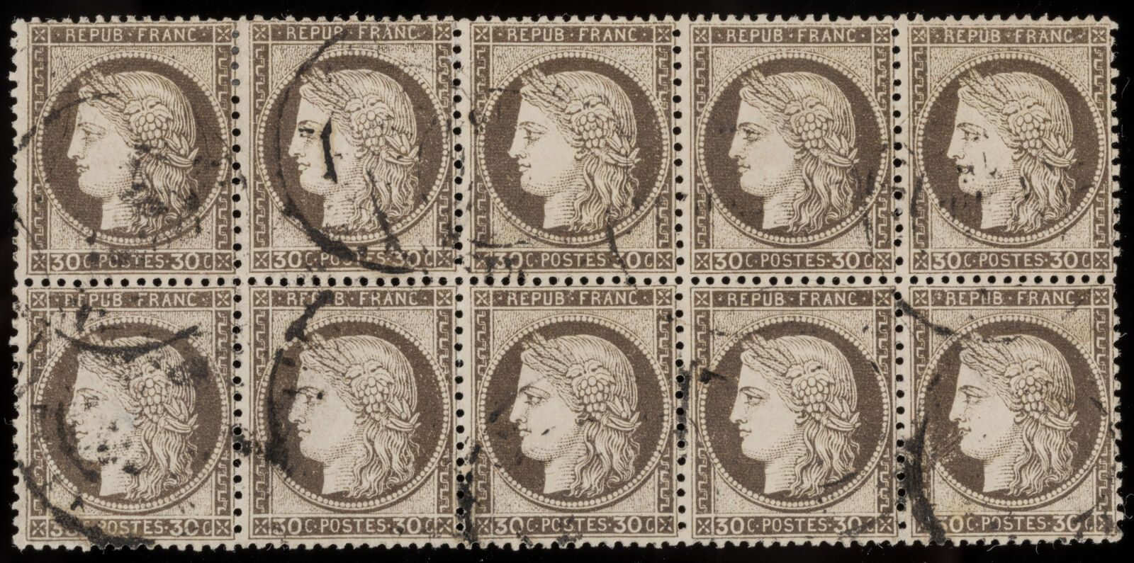 Null Sello N°56 - Bloque de 10 sellos cancelados : 30c marrón oscuro. Firmado Ba&hellip;