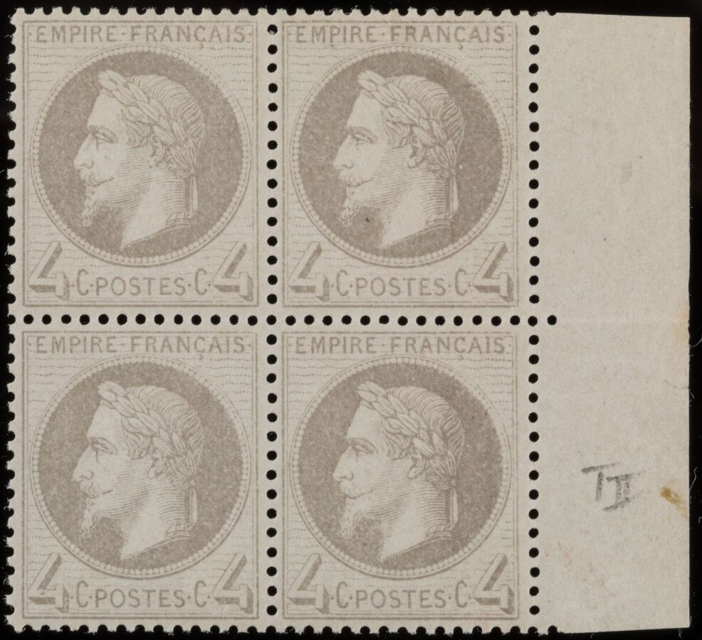Null Briefmarke Nr. 27A Type I - 4er-Block: 4c grau Rand des Bogens, 2 Briefmark&hellip;