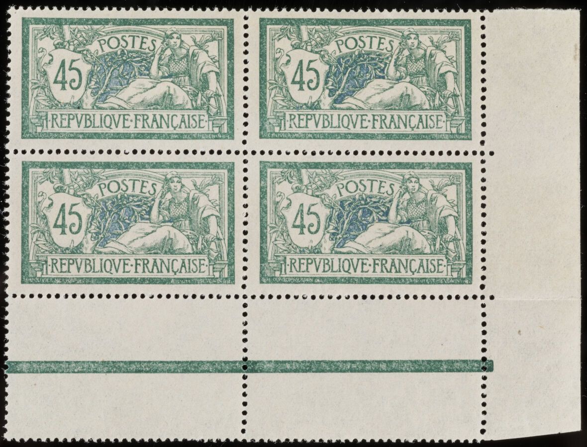 Null Briefmarke Nr. 143 - 4er-Block: 45c grün & blau Type Merson mit 3 Bogenränd&hellip;
