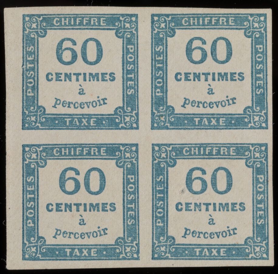 Null Timbre Taxe N°9 - Bloc de 4 timbres 60c bleu bord de feuille. Signé Calvès.&hellip;
