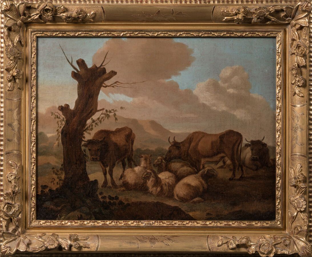 Null ECOLE HOLLANDAISE DU XVIIIE SIECLE

Vaches au repos

Toile

36,5 x48,5 cm. &hellip;