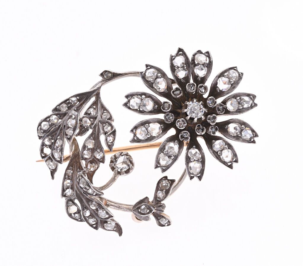 Null Small "Trembleuse" brooch set in yellow gold 750/°° and silver 800/°° decor&hellip;