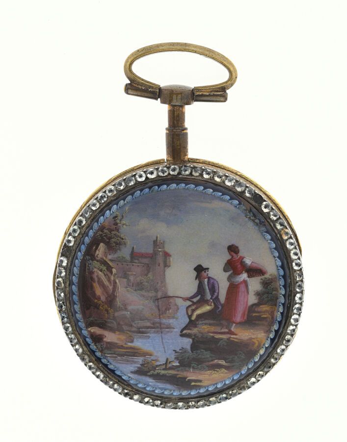 Null Reloj de gallos de metal con decoración de paisajes esmaltados, bisel pavim&hellip;