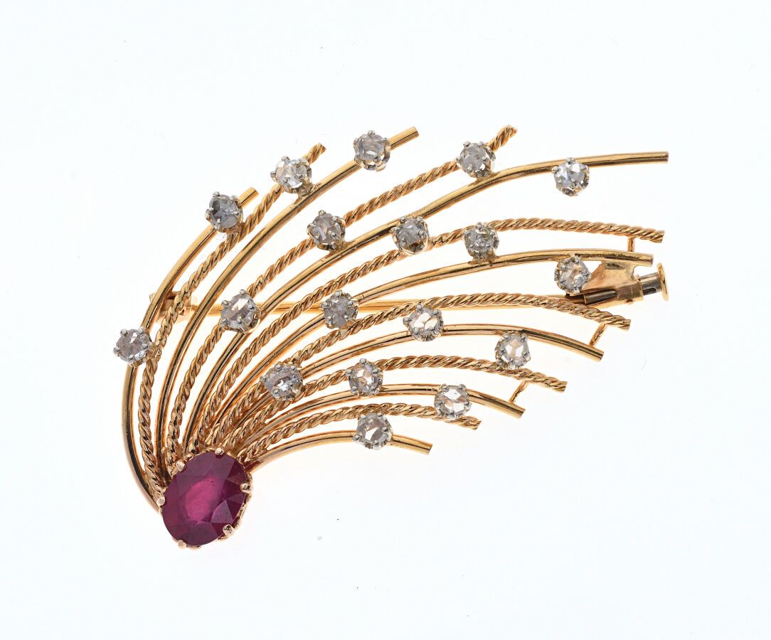 Null Yellow gold "Feather" brooch set with an oval ruby of about 2 ct and punctu&hellip;