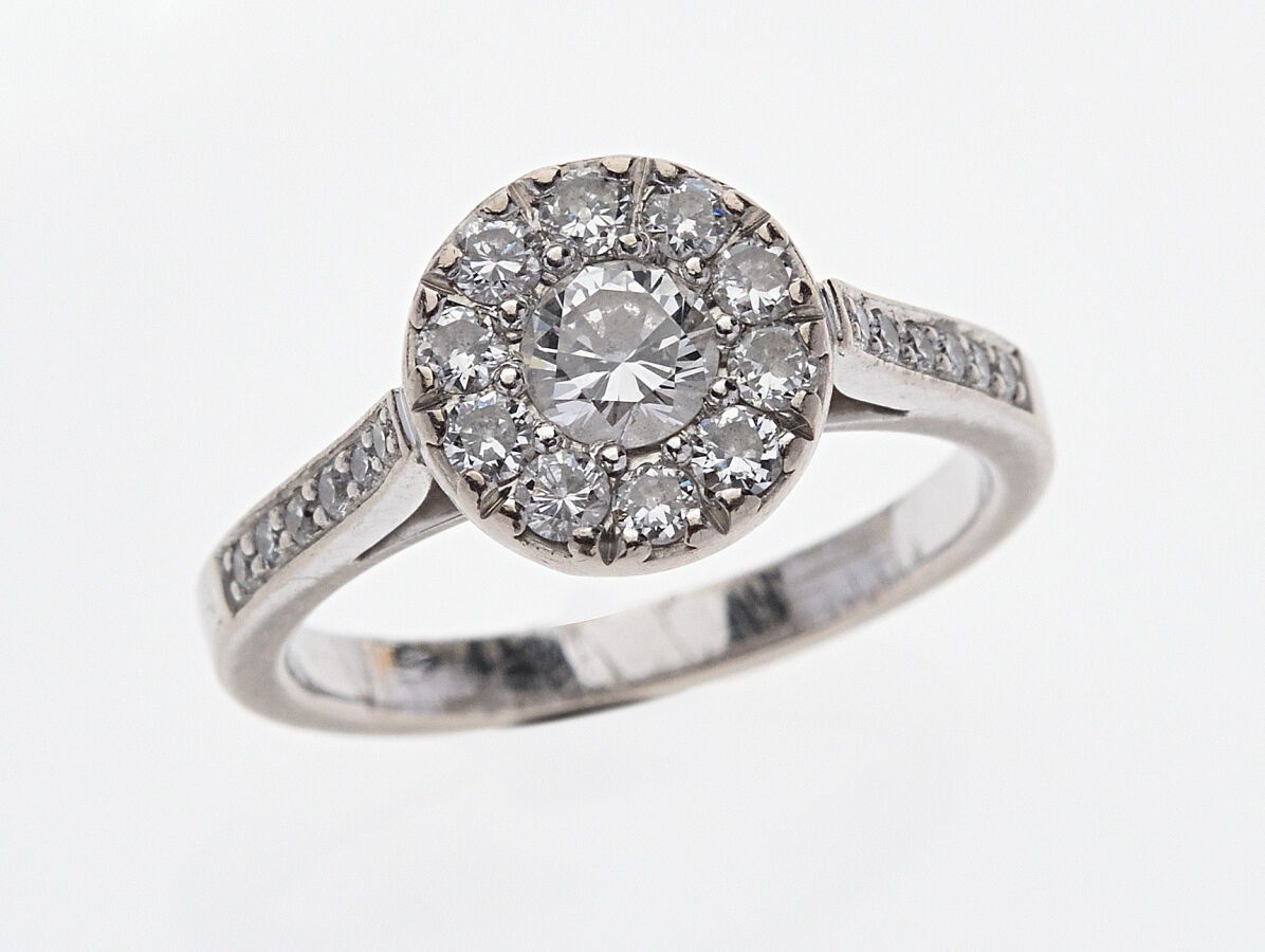 Null 750/°白金戒指，圆形顶部镶嵌了一颗0.27克拉的明亮式切割钻石，周围有小钻石，共0.20克拉。这幅画是由里昂的博蒙特-菲内（Maison Beau&hellip;
