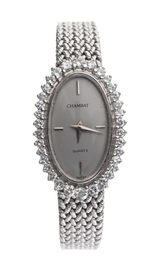 Null CHAMBAT - BRACELET MONTRE de dame in 750/°° Graugold, ovales Gehäuse, Diama&hellip;